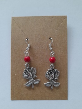 Stemmed Rose Earrings with red bead